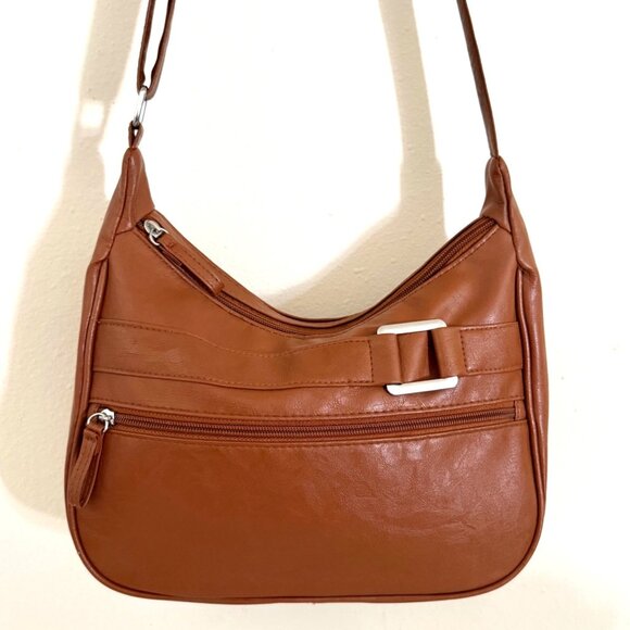 Brown Faux Leather Crossbody Bag Adjustable Strap Multi Compartment Purse - Picture 14 of 15